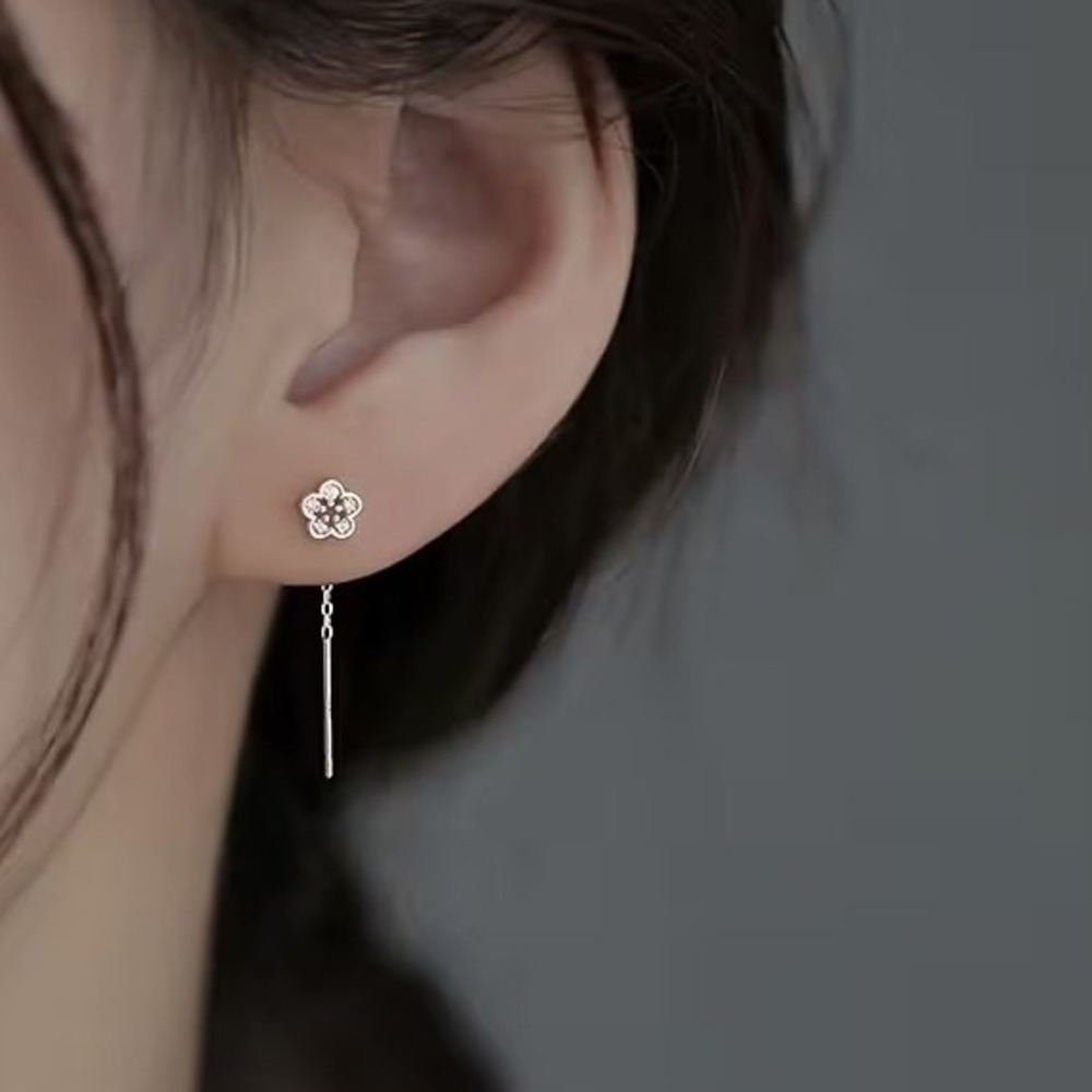 Silver Flower Threader Earrings Crystal Floral Cherry Blossom Pull Through Drop